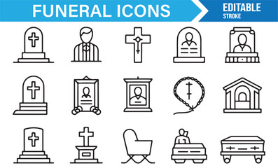 Outline funeral icons – vector set of burial, church, cross, memorial, and mourning illustrations