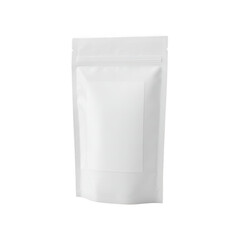 A clean white resealable stand up pouch with a matte finish isolated on transparent background