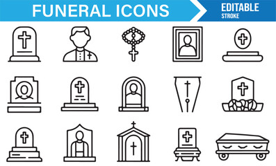 Vector mourning icons – funeral elements including coffin, tombstone, priest, hearse, and memorial photo