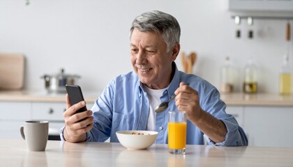 A senior man is eating breakfast while looking at his phone. He looks happy and relaxed in his kitchen