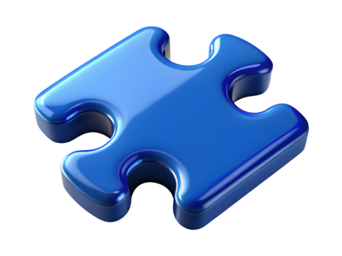 Glossy blue puzzle piece isolated on black background