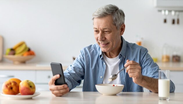 A senior man enjoying breakfast while using his smartphone