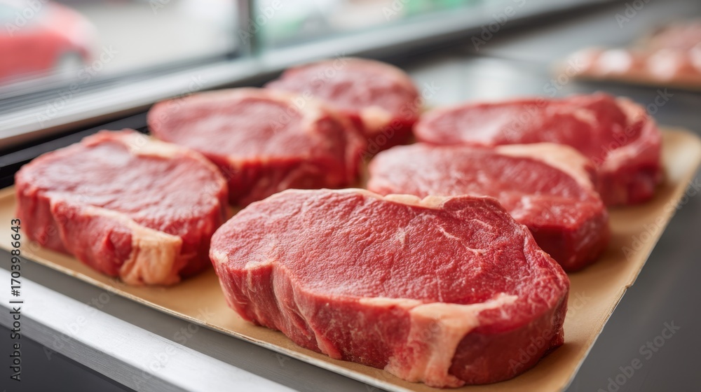 Aufkleber fresh cuts of red meat displayed on a counter in a butcher shop with natural lighting enhancing the 