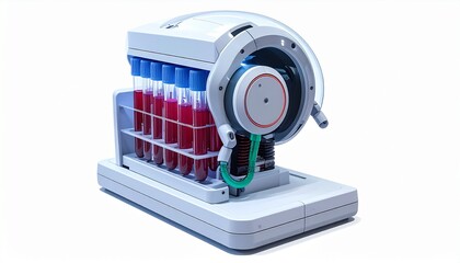 A detailed shot of a scientific laboratory instrument with red-filled test tubes and blue-capped tubes. This image is taken in a clean laboratory setting.