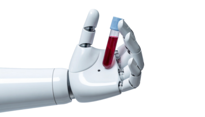 A robotic hand holding a test tube filled with blood, symbolizing technological advancements in healthcare. The scene is clean and modern, highlighting the fusion of technology and medicine