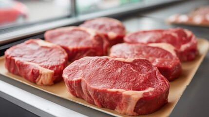 Fresh Cuts of Red Meat Displayed on a Counter in a Butcher Shop with Natural Lighting Enhancing the Texture and Color of the Raw Beef Steaks