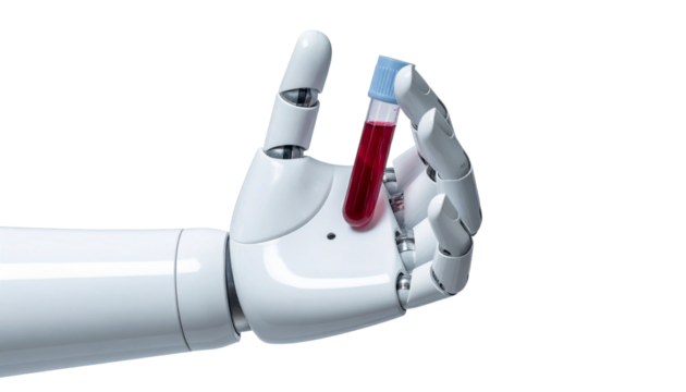 A robotic hand holding a test tube filled with blood, symbolizing technological advancements in healthcare. The scene is clean and modern, highlighting the fusion of technology and medicine