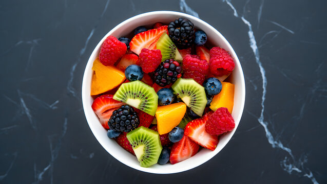 Vibrant fresh fruit salad in a white bowl top down view healthy food photography delicious refreshing meal - Powered by Adobe