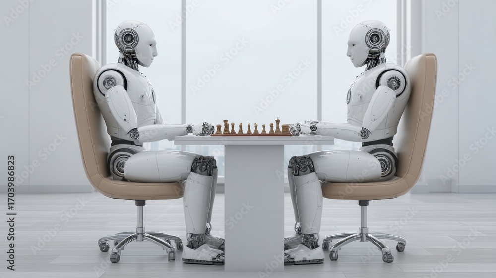 Poster two humanoid robots engaged in a chess match, showcasing advanced ai technology and futuristic desig