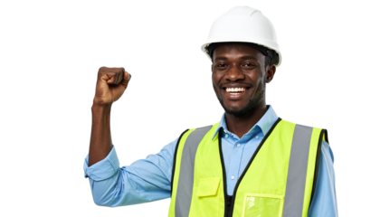 A construction worker in a safety vest and helmet with a fist raised in triumph
