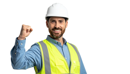 A construction worker celebrating with raised fist and a smile, wearing a safety vest and hard hat
