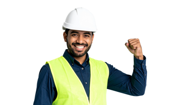 A construction worker wearing safety gear, showcasing his strength and confidence