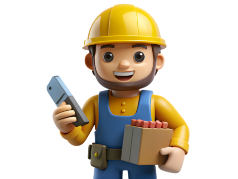 Cartoon construction worker holding a tool and a box of supplies