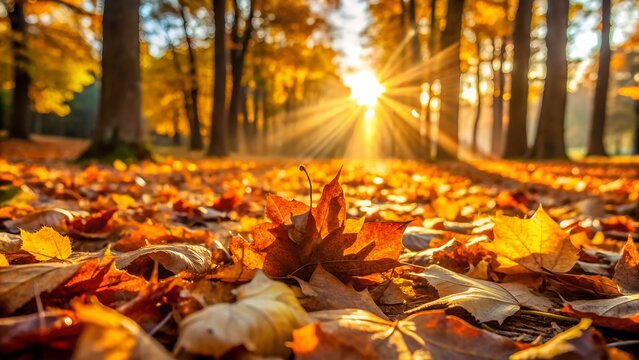 Stunning autumn leaves carpet a sunlit forest floor creating a warm, inviting seasonal scene - Powered by Adobe
