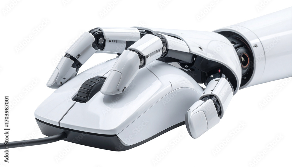 Aufkleber an advanced robotic hand interacting with a computer mouse, signifying technology and innovation