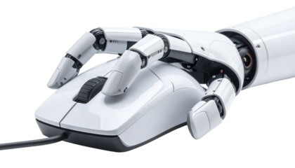 An advanced robotic hand interacting with a computer mouse, signifying technology and innovation