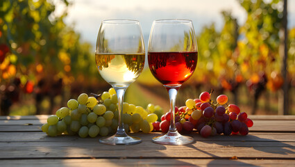 Two glasses of wine red and white with fresh grapes in a vineyard setting outdoors