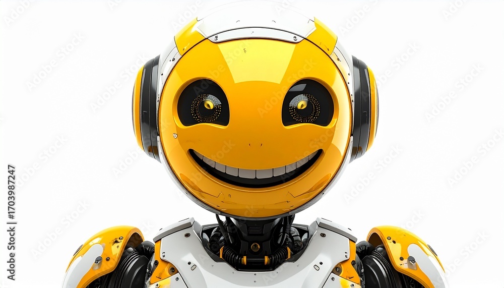 Poster a cheerful robot with a smiley face expressing optimism and joy. this futuristic creation with a hap