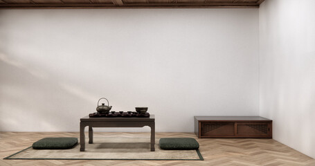 Chabudai japan traditional low table and decoration on minimal Japandi room japan style.3D rendering