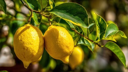 Two ripe lemons hang from a lush green branch in a vibrant garden setting. Sunlight highlights their bright yellow color in the warm late summer afternoon.