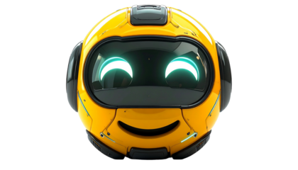 A cheerful robotic character with a smiley face, expressing friendliness and technological advancement. The robot is primarily yellow, with contrasting black accents and glowing eyes.