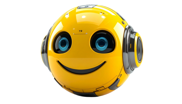 A smiling robot with a bright yellow face, showcasing futuristic technology and artificial intelligence