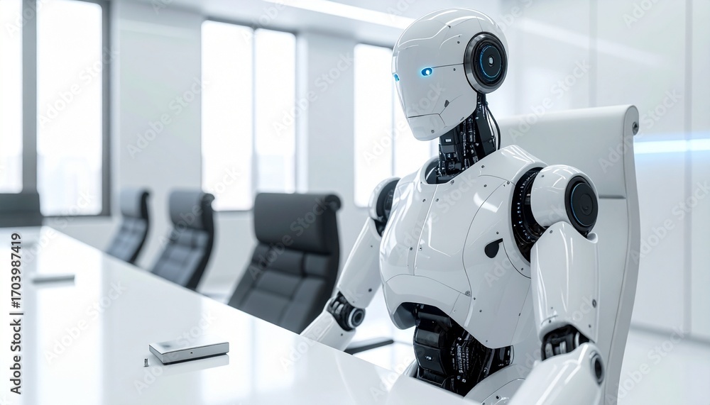 Aufkleber a modern robot sitting at a conference table, representing the future of technology and automation. 