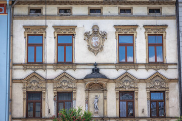 Facade of Mercury townhouse on Market Square in old part of Cieszyn city, Poland