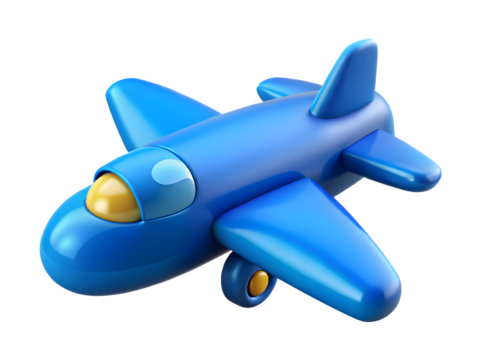 Blue cartoon airplane toy with yellow accents on a black background