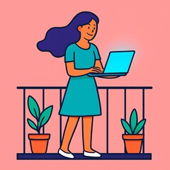 Illustration of a young woman working on a laptop while standing on a balcony with potted plants