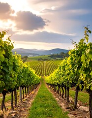 Lush vineyard rows stretch towards a sunset sky