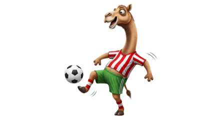 Cartoon camel in soccer uniform playing with a soccer ball isolated PNG with Transparent Background