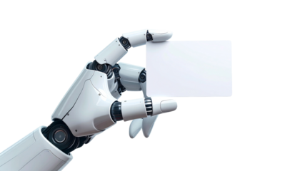 A robotic hand holding a blank business card, perfect for showcasing a message or design. It highlights the fusion of technology and communication