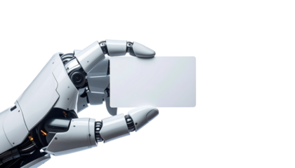 Robotic hand holding a blank card, symbolizing technology and communication. This image represents innovation, future, and potential connection.