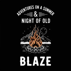 Retro illustration of a blazing bonfire under a starry summer night sky with mountains and moon, ideal for outdoor adventure themes.
