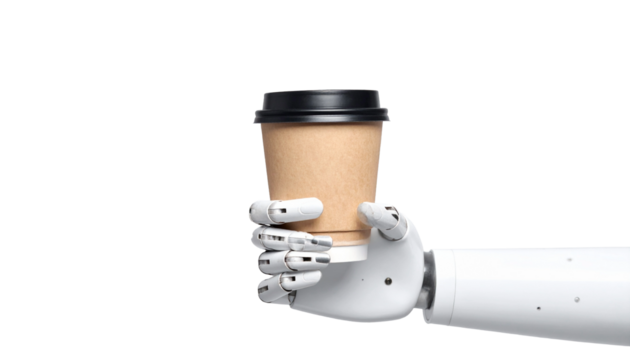 A robotic hand holding a disposable coffee cup. The robot's design features a detailed mechanical appearance with a futuristic aesthetic, holding the cup