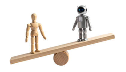 Conceptual representation of human and artificial intelligence on a wooden seesaw, emphasizing the balance between human and technology.