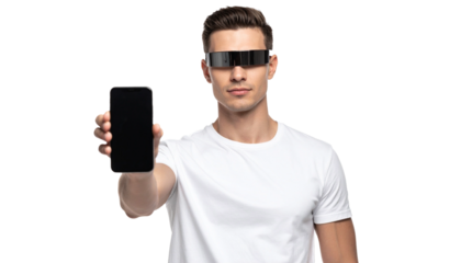 A futuristic man holding a smartphone with a blank screen while wearing stylish glasses. The man is confident and stylish