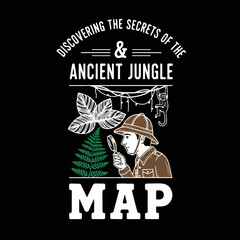 Vintage-style graphic of an explorer with a magnifying glass, surrounded by jungle plants and a monkey, symbolizing adventure, discovery of ancient secrets, and map exploration.
