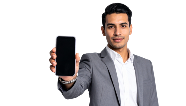 A businessman is presenting a sleek smartphone with a blank screen