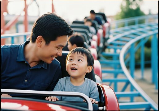 Excited Asian father and son on a roller coaster ride