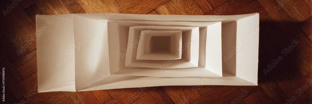 Poster intricate layers of white paper create a stunning visual illusion on a wooden surface during afterno