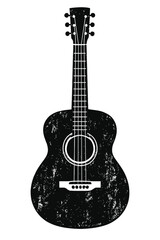 Distressed Black Acoustic Guitar Silhouette Isolated on White Background with Unique Vintage Grunge Texture – An Iconic Musical Instrument Representation for Art, Design, Music, and Creative Projects.