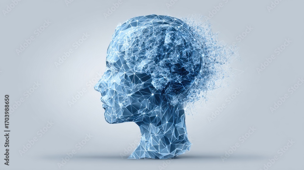Poster Digital art displays a blue wireframe head in profile, illustrating concepts of artificial intelligence and neural connections in a modern, abstract style against a neutral background.