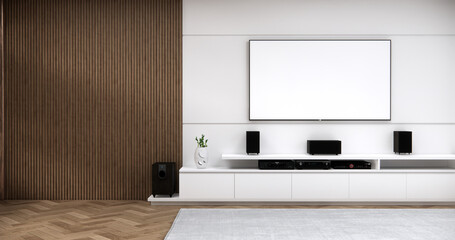 Cabinet wooden japanese design on living room zen style empty wall background.3D rendering