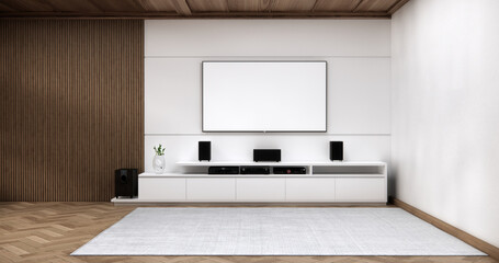 Cabinet wooden japanese design on living room zen style empty wall background.3D rendering
