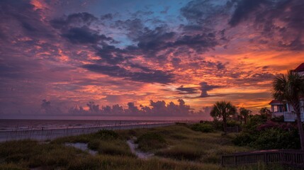 Obraz premium A breathtaking sunset illuminates the coastal landscape with striking hues of orange, pink, and purple. The shoreline and lush greenery create a tranquil setting as evening approaches.
