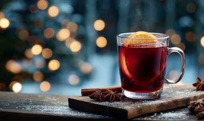 Festive Mulled Wine with Orange Slices on a Wooden Table at Christmas