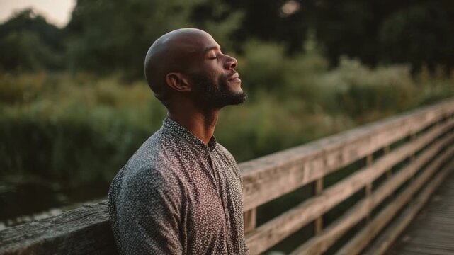 Serene Contemplation: A contemplative person finds peace in nature, standing on a wooden bridge. bathed in the warm glow of soft light. and evoking inner peace.