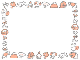 正月の縁起物の手描きのかわいい和風キャラクターフレーム